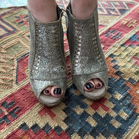 Calleen Cordero 3” leather booties with silver and  gold metal studs. - Picture 1 of 8